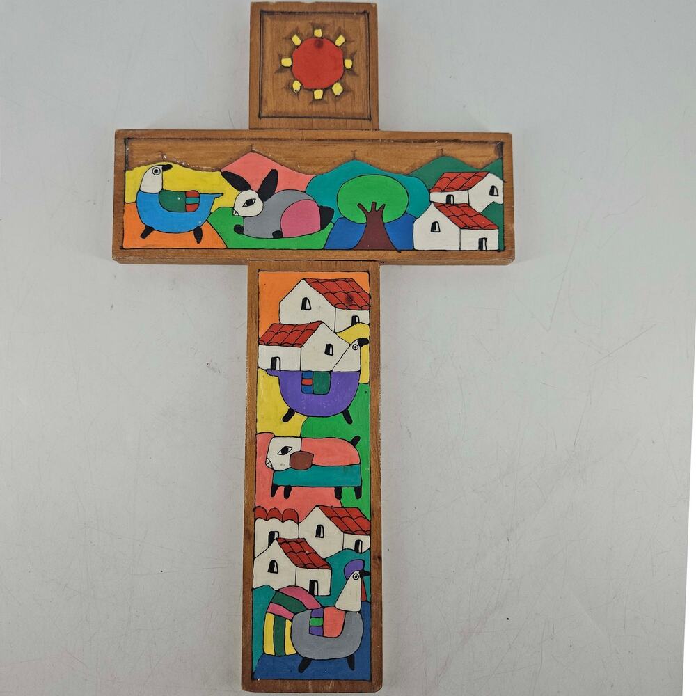 Vintage handcrafted wood folk art wall cross hand painted La Palma El Salvador